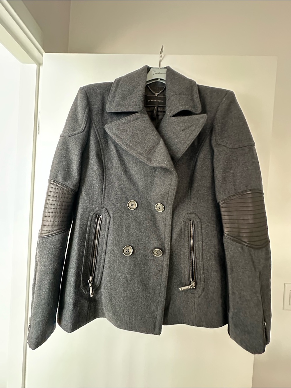 BCBG- Wool Blend Double-Breasted Gray Peacoat with Quilted Elbow Details